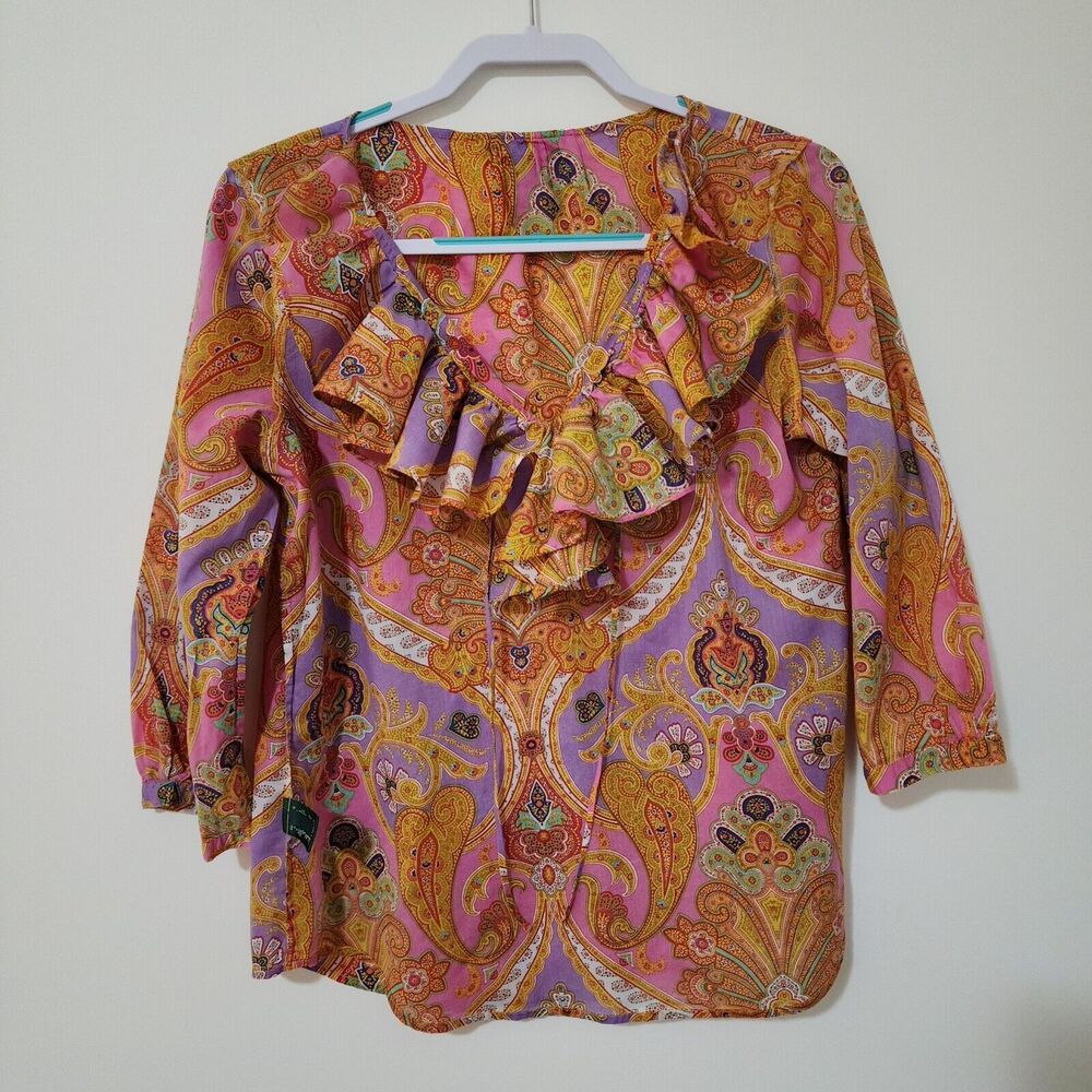 Lauren Ralph Lauren Womens Cotton Ruffle Blouse 3/4 Sleeve Colorful Paisley Sz M - Picture 5 of 10